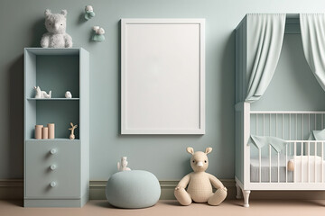 Fototapeta na wymiar Mockup of an empty frame in a nursery with a playful and pastel blue design room.