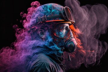 An illustration of a firefighter in turnouts and a headgear. Smoke and blue illumination against a dark backdrop. Generative Ai.