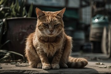 Naklejka na ściany i meble In the afternoon, I discovered a street cat in a popular tourist location in Karawang, Indonesia. Generative AI