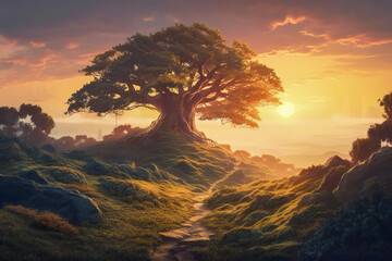 Big majestic lone tree in a beautiful landscape at sunset. Created with Generative AI technology.