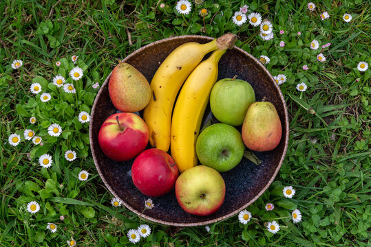 Frutero con fruta de temporada sobre pasto verde en primavera.