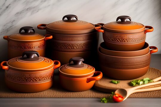Rendering of Mexican Terracotta Cookware: Traditional and Rustic Kitchen Essentials. Generative AI. 