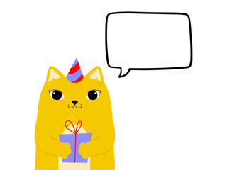 A cute cat in a festive hat and with a gift in its paws with a speech bubble cloud. Illustration on transparent background