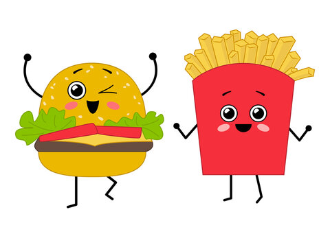 Cute happy characters - hamburger and fries. Best friends. Illustration on transparent background