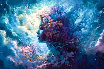 Creative fantasy portrait of a girl surrounded by flowers and clouds. Concept of dream, meditation, transcendent conscience and creative mind. Created with Generative AI technology. - obrazy, fototapety, plakaty
