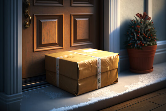 Holiday Gift Delivery Concept With Parcel Box Near Front Door