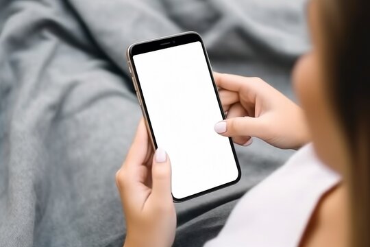 Woman Holding Smartphone with Blank White Screen, Generative AI