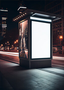 Mock-up of template bus stop lightbox at night, AI Generated