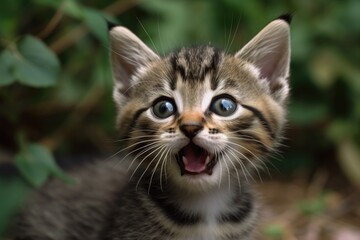 Naklejka na ściany i meble kitten with an open mouth and green eyes. Generative AI