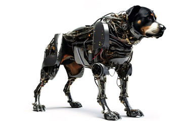 Image of a black dog modified into a robot on a white background. Pet. Animals. illustration, generative AI.