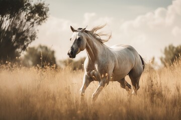Obraz na płótnie Canvas a white horse running through a field of tall grass with trees in the background. generative ai