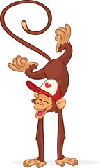 Cartoon funny monkey chimpanzee doing handstand and balancing. Vector illustration of happy monkey performing acrobatic circus trick character design isolated