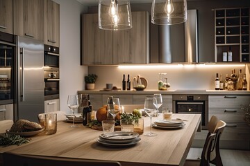 Interior of a modern, comfortable home kitchen. On the dinner table are fresh vegetables, and the homeowners want nutritious cuisine, loan notion of a mortgage for a new studio apartment, furniture ad