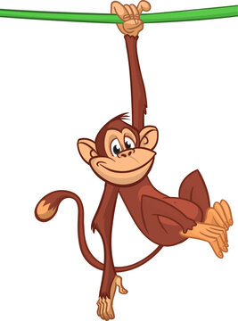 Cartoon monkey chimpanzee handing upside down on the tree branch or liana. Vector illustration of happy monkey character