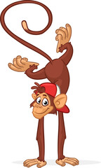 Cartoon funny monkey chimpanzee doing handstand and balancing. Vector illustration of happy monkey performing acrobatic circus trick character design isolated