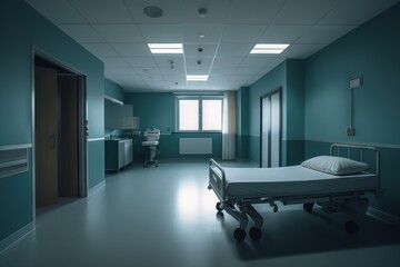  a hospital room with a bed, sink and a mirror on the wall and a door to the other side of the room with a window.  generative ai