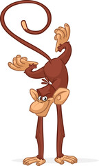 Cartoon funny monkey chimpanzee doing handstand and balancing. Vector illustration of happy monkey performing acrobatic circus trick character design isolated