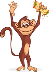 Cartoon funny monkey chimpanzee holding falafel or kebeb in its hands. Vector illustration of happy monkey character design isolated