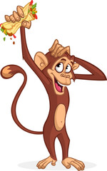 Cartoon funny monkey chimpanzee holding falafel or kebeb in its hands. Vector illustration of happy monkey character design isolated