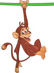 Cartoon monkey chimpanzee handing upside down on the tree branch or liana. Vector illustration of happy monkey character