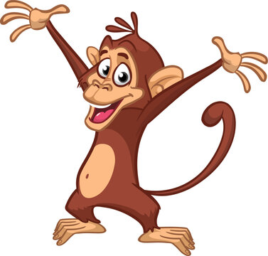 Cartoon funny monkey waving hands. Vector illustration of happy monkey character design isolated