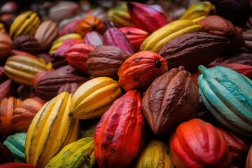  a pile of colorfully colored cocoa beans on display in a market stall, with one of the pods still open and the other pods still open.  generative ai