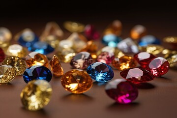  a bunch of different colored diamonds on a table top with a black background and a brown table top with a brown table top and a brown table with a few different colored diamonds.  generative ai