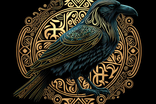Black crow with golden feathers. Raven from Celtic mythology. Hugin, Munin, Midgard, God Odin. AI generation