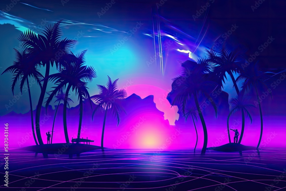 Canvas Prints futuristic abstract background. On the surface of the ocean, silhouettes of palm trees on a tropical island can be seen, together with neon figures against an ultraviolet cloud. party at the beach