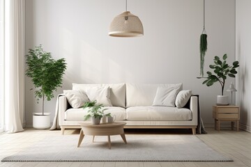 Modern living room with white walls, couch, and plant. Generative AI