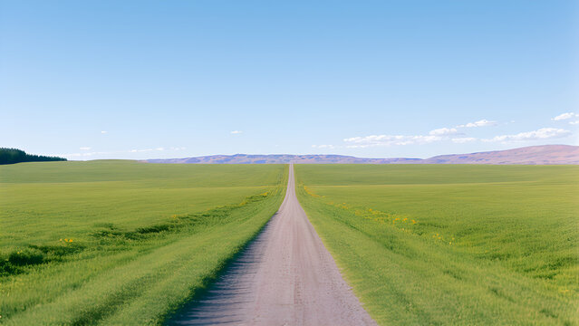 The Path to Adventure. An Endless Road Along Green Grassland. Generative AI Art