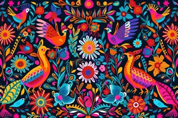  a painting of colorful birds and flowers on a black background with a blue background and a red, yellow, orange, and blue border.  generative ai