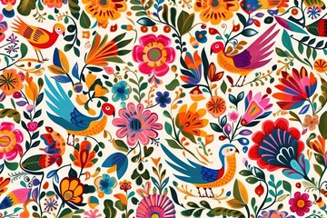  a colorful floral pattern with birds and flowers on a white background with red, orange, blue, and green leaves and flowers on a white background.  generative ai