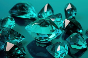  a group of green diamonds on a blue surface with a reflection of the diamond in the middle of the image and the diamond in the middle of the image.  generative ai