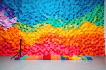  a large colorful wall with a pair of microphones in the foreground and a multi - colored backdrop in the background with a multicolored backdrop.  generative ai