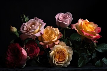  a bunch of flowers that are sitting on a black tablecloth with a black background in the middle of the picture is a bouquet of roses.  generative ai