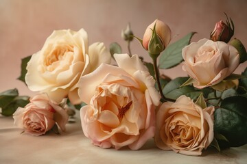  a bunch of flowers that are sitting on a table together with leaves and stems in front of a pink background with a light pink background.  generative ai