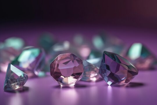  a group of different colored diamonds on a purple surface with a black background and a purple light in the middle of the image, with a few smaller diamonds in the foreground.  generative ai