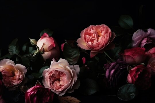  a bunch of pink and red flowers on a black background with leaves and stems in the foreground, with a dark background with only one flower visible.  generative ai