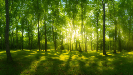 Obraz premium Nature's serenity. A panoramic view of a forest with sunlight shining through the trees. Generative AI Art