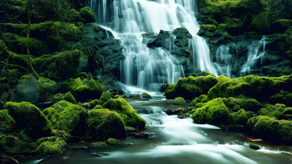 Natural waterfall with rocks and green moss Generative AI Art