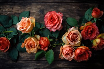 Fototapeta na wymiar a bunch of orange and pink roses on a wooden table with green leaves and a brown background with a black background with a white border. generative ai