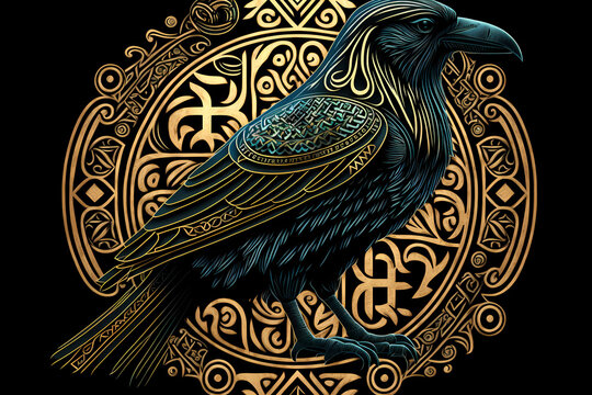 Raven from Celtic mythology. Hugin, Munin, Midgard, God Odin. AI generation
