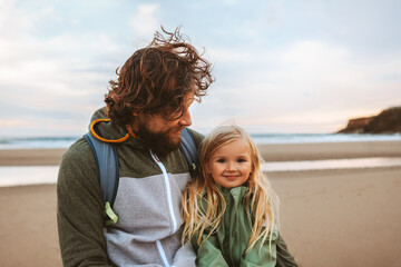 Father with daughter child walking outdoor parent dad with kid happy emotions family vacations...