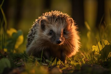 Hedgehog on green grass at dawn in a spring or summer forest. Beautiful little hedgehog in its natural setting outdoors in the wilderness. Generative AI