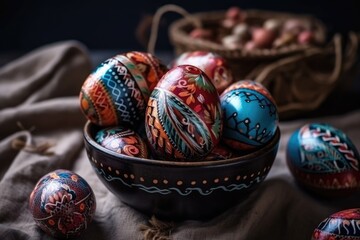 festive table setting with a bowl of hand-painted Easter eggs as the centerpiece. Generative AI