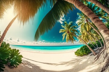 Beautiful tropical beach banner White sand and coco palms travel tourism wide panorama background concept Amazing beach landscape. Generative ai