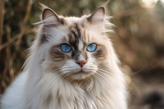 Ragdoll cat with shaggy long hair, white wool and brown on muzzle. Generative AI
