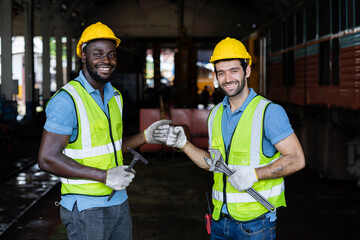 Factory engineers discussing and shaking hands with a business cooperation agreement. in heavy industrial production plants