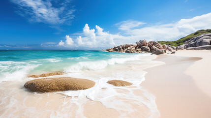 Obraz premium Endless beach scene, calm summer nature landscape. Blue sky and soft ocean waves. Generative Ai